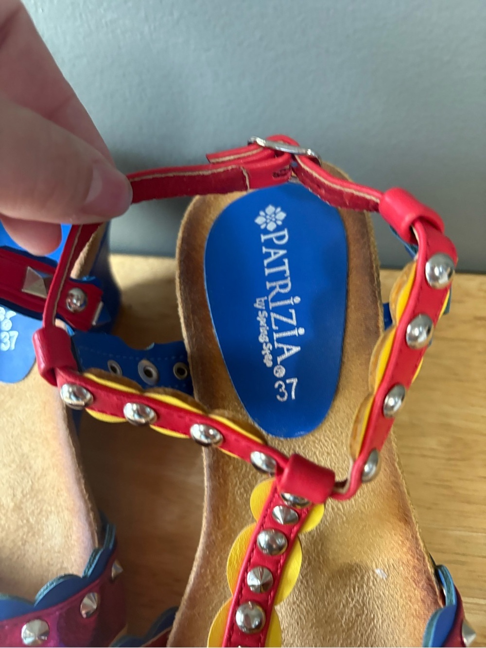 Patrizia Colorful Studded Wedge Sandals Size 37 EU Boho Festival Ankle Strap - Picture 3 of 9